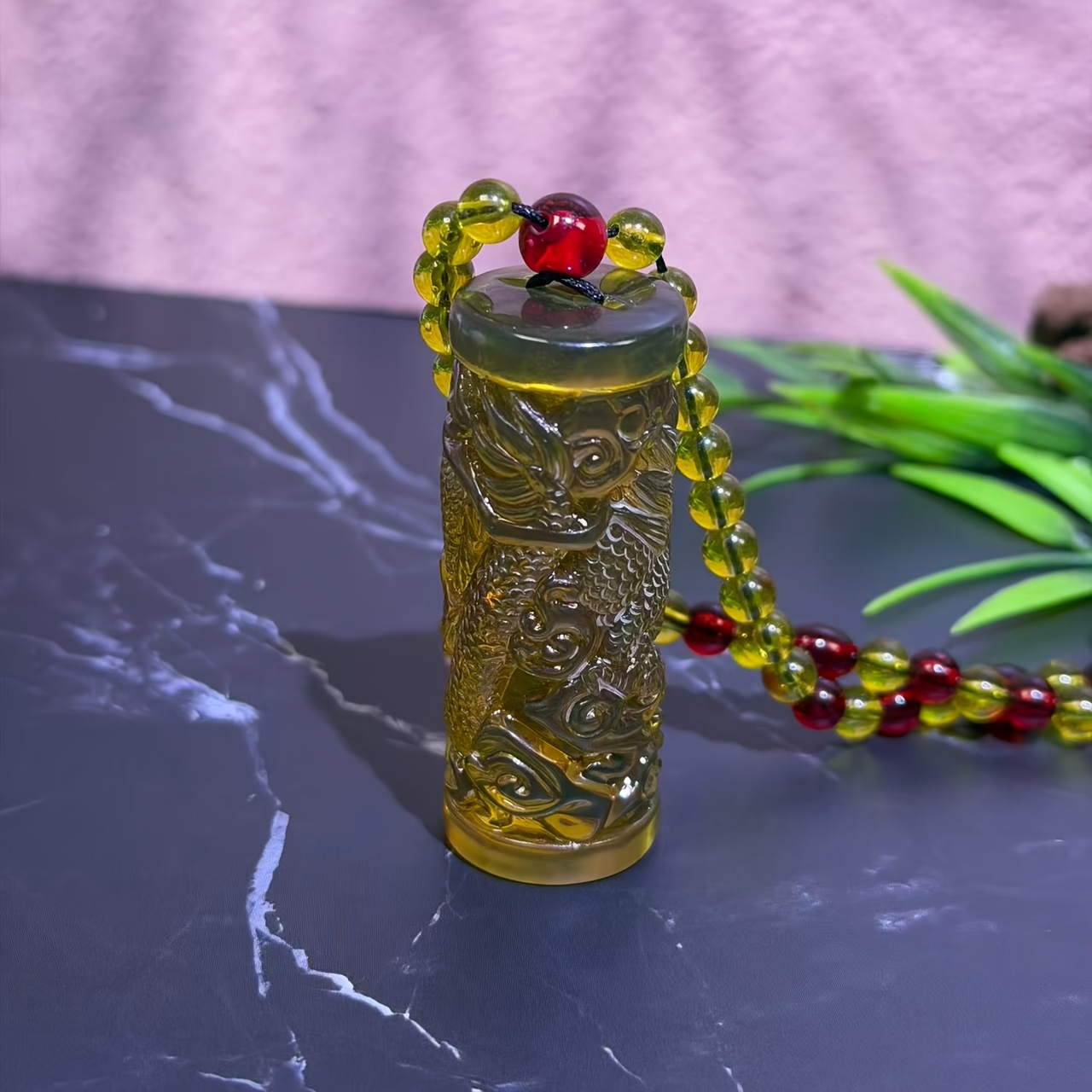 Vintage Red Bead Amber Dragon Carved Long Necklace